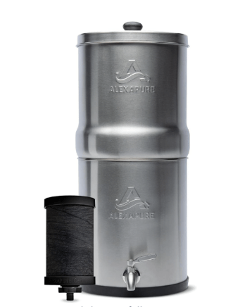 Alexapure Pro stainless steel gravity-fed water filtration system, no electricity needed
