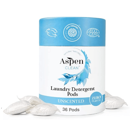 AspenClean EWG verified unscented laundry pods, plant-based, compostable packaging