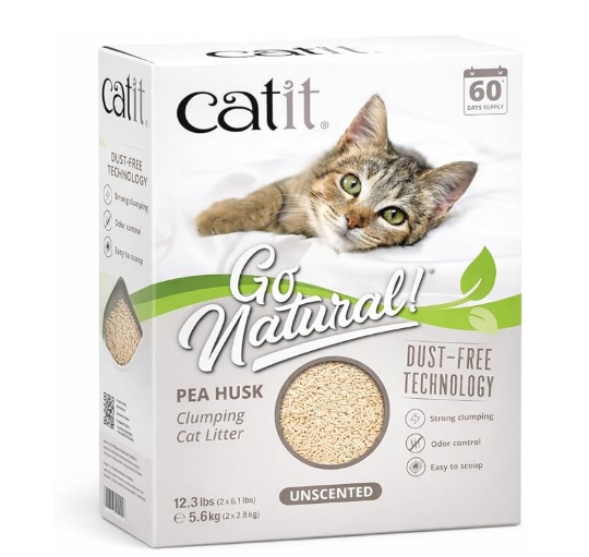 Catit Go Natural Pea Husk Cat Litter Unscented, food-grade pea husk starch corn powder guar gum, absorbs 300% weight 99% dust-free