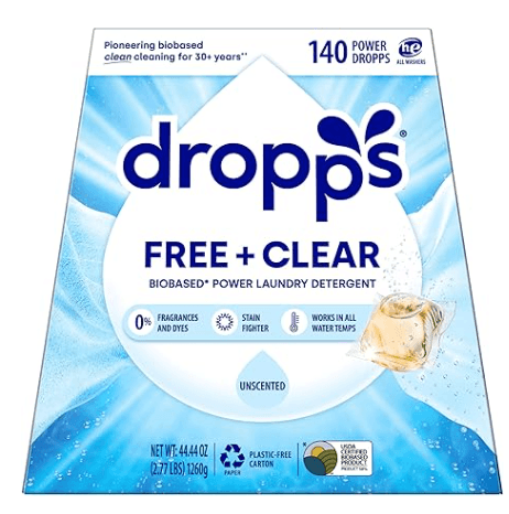 Dropps unscented non-toxic laundry detergent pods, fragrance-free, plastic-free packaging