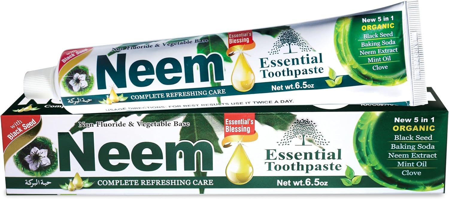 Essential Toothpaste Neem, 100% fluoride-free, organic black seed, neem extract, baking soda, clove