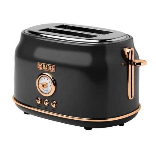 Haden Dorset 2-slice toaster black and copper stainless steel with extra wide slots and removable crumb tray