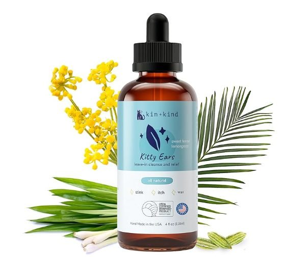 kin+kind organic cat ear cleaner with fennel and lemongrass, alcohol-free wax removal