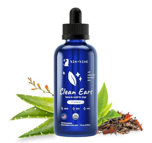 kin+kind organic dog ear cleaner with witch hazel and tea tree, alcohol-free wax removal