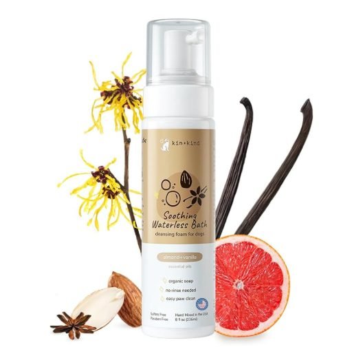 kin+kind waterless dry shampoo foam for dogs with organic witch hazel, almond, and vanilla