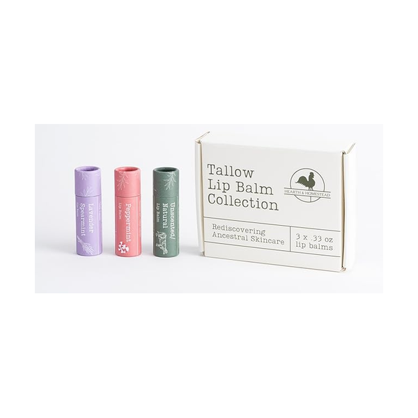 Hearth and Homestead tallow lip balm collection in eco-friendly tubes