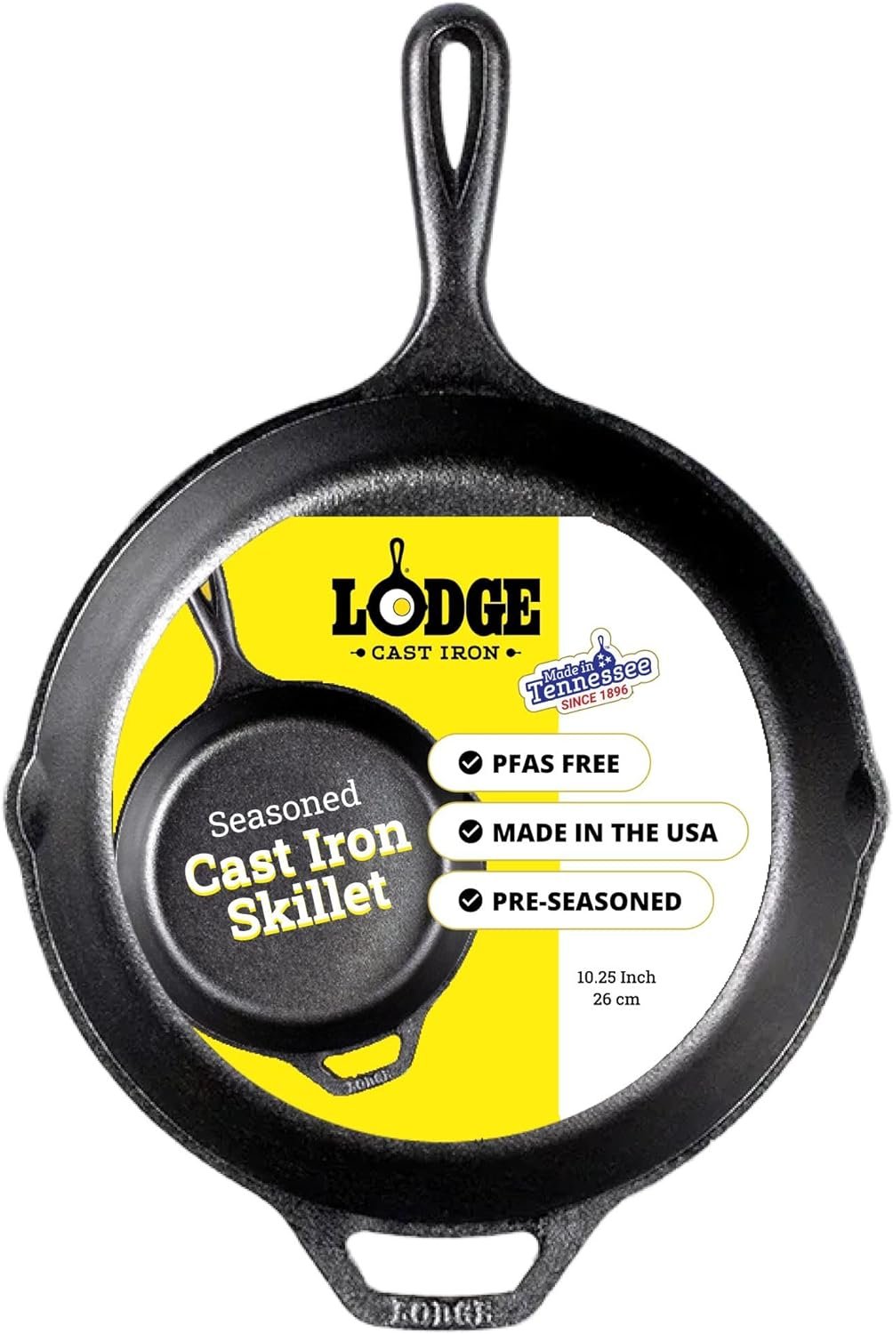 Lodge 10.25 inch cast iron skillet pre-seasoned with vegetable oil, PFAS-free, made in USA