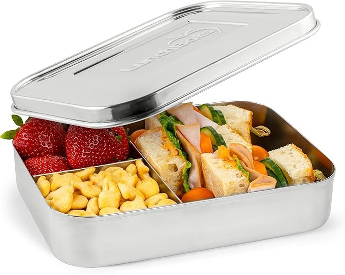 LunchBots Large Trio stainless steel bento lunch container with three-section divider and stainless lid