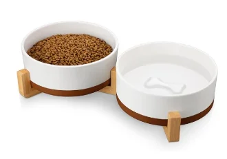 MALACASA ceramic dog bowls set of 2 with natural wooden stand, lead-free glazed ceramic, dishwasher safe