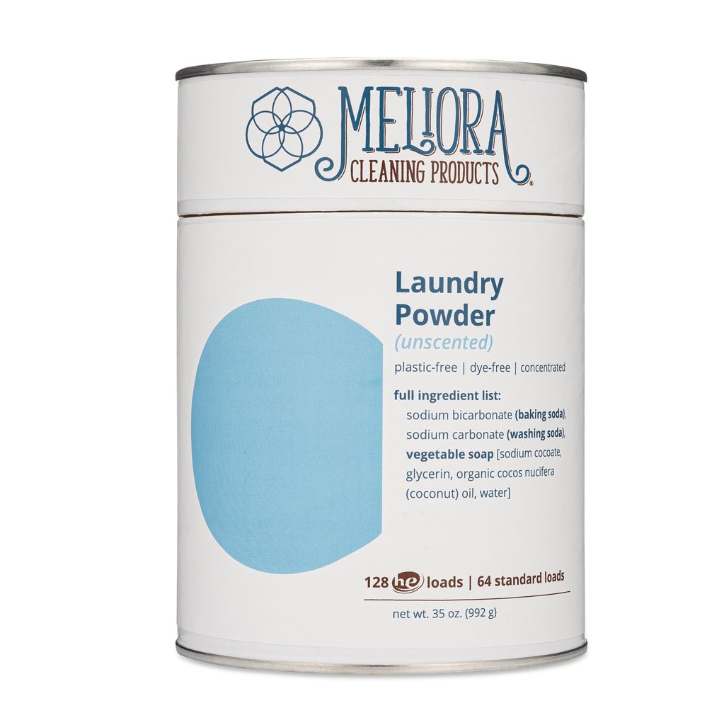 Meliora Cleaning Products unscented laundry powder detergent, MADE SAFE certified, plastic-free canister