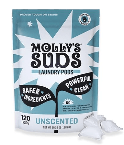 Molly's Suds non-toxic laundry detergent pods, fragrance-free, sensitive skin