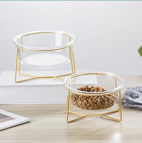 MUZITY elevated glass pet bowls with iron stand, food-safe and dishwasher safe