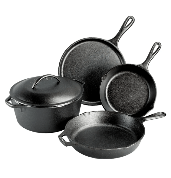 Lodge 5-piece pre-seasoned cast iron cookware set, naturally non toxic, made in USA