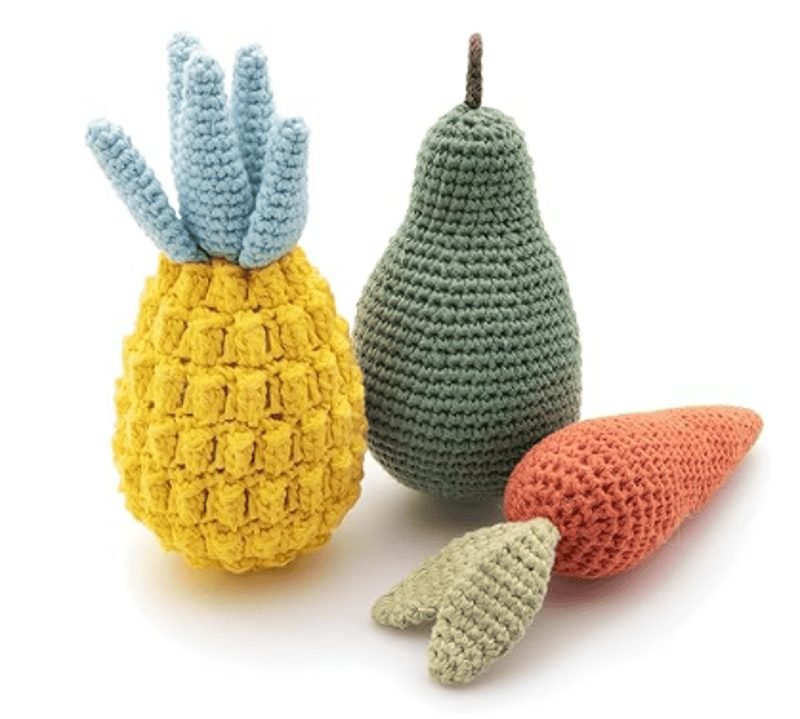 Organic cotton squeaky dog toy set with carrot, pineapple, and pear shapes