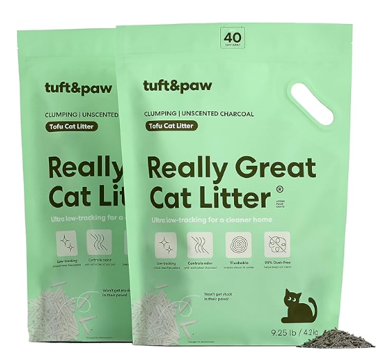 Tuft and Paw Really Great Cat Litter, 5 ingredients soybean fiber corn starch corn flour guar gum charcoal, flushable 99% dust-free