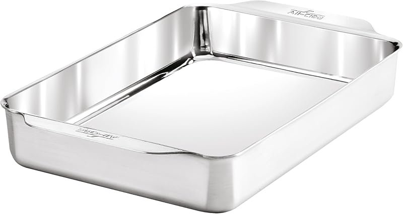 All-Clad tri-ply stainless steel rectangular baking pan 9x13, no coating, oven safe to 600°F