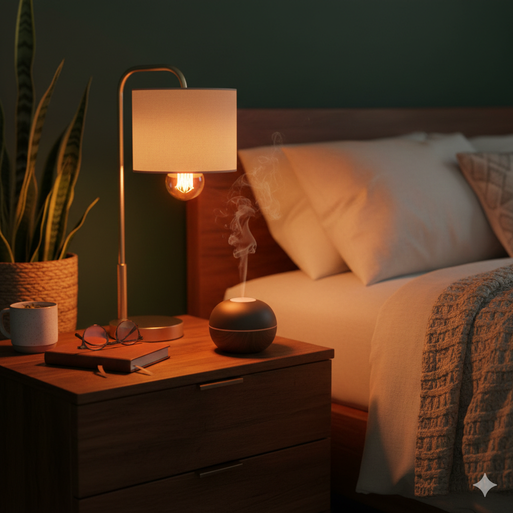 Warm amber lamp on a wooden nightstand beside a bed, creating a cozy glow with a diffuser.