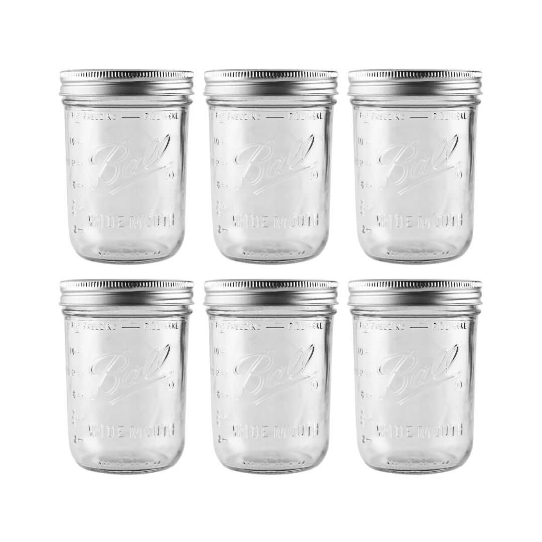 Ball 16oz wide mouth glass mason jars 6-pack with airtight grommet lids for canning fermentation and food storage
