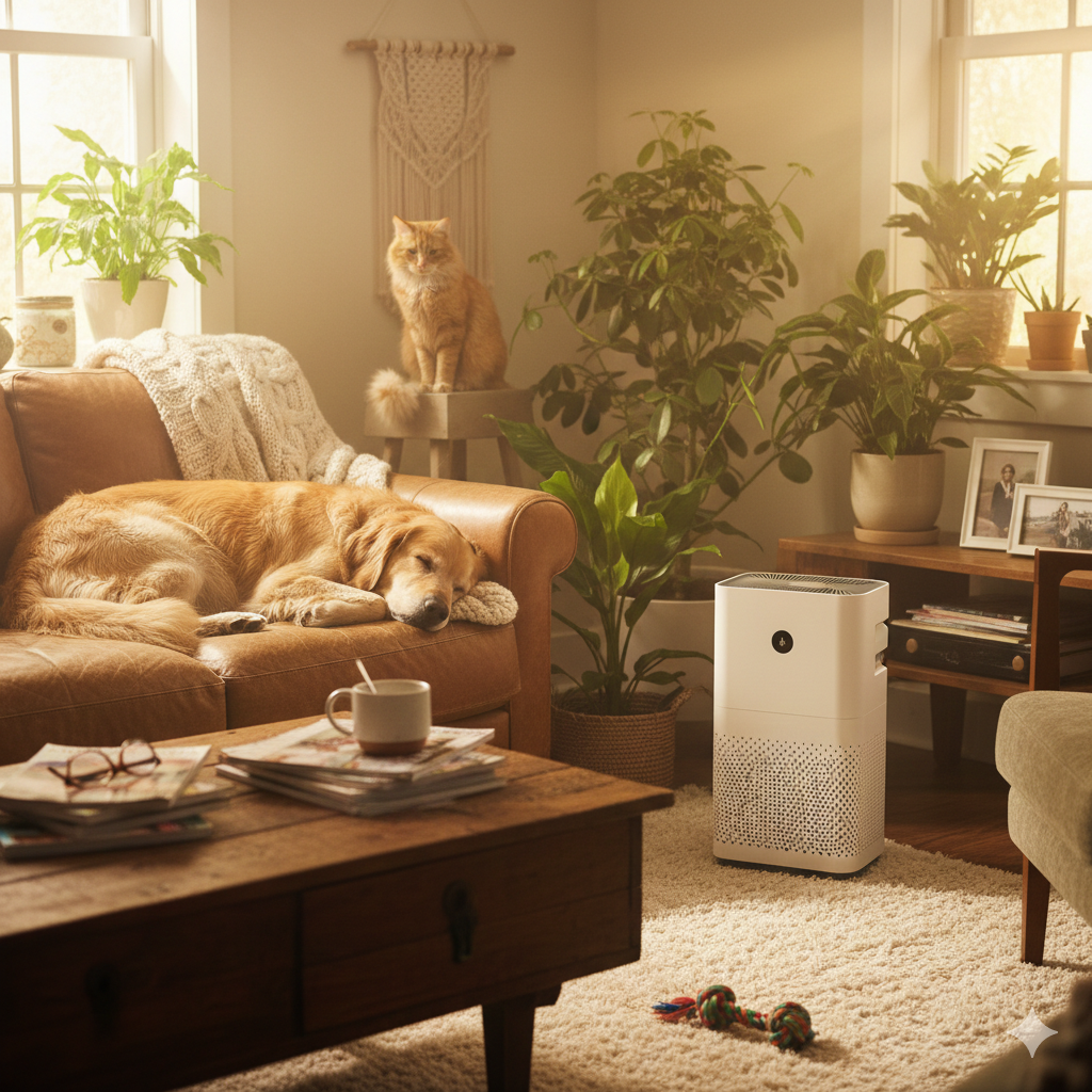 Cozy pet-friendly living room with a modern air purifier — best non-toxic air purifiers for pet hair and dander