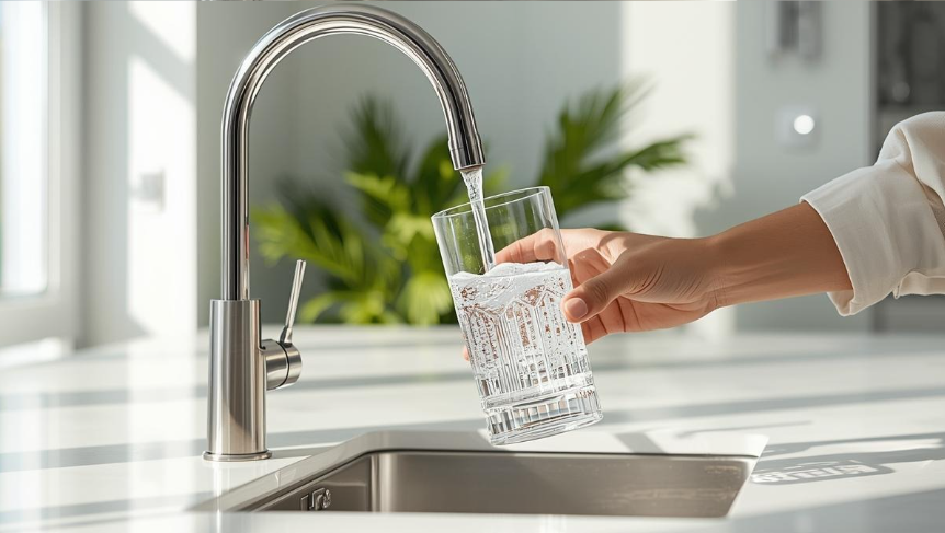 Non-toxic water filter on a kitchen counter — reverse osmosis and multi-stage filtration options