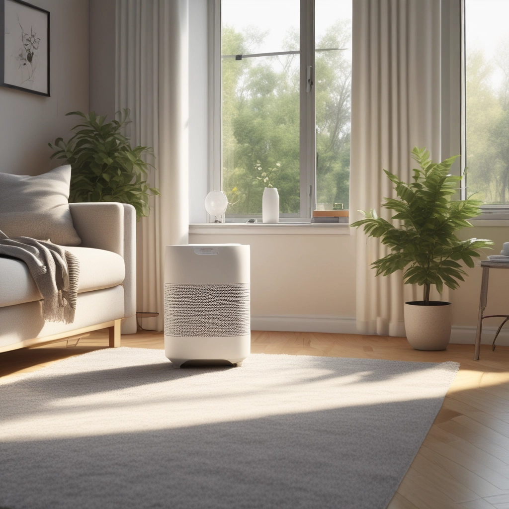 Modern aesthetic living room with warm sunlight and a sleek air purifier for a non-toxic home environment