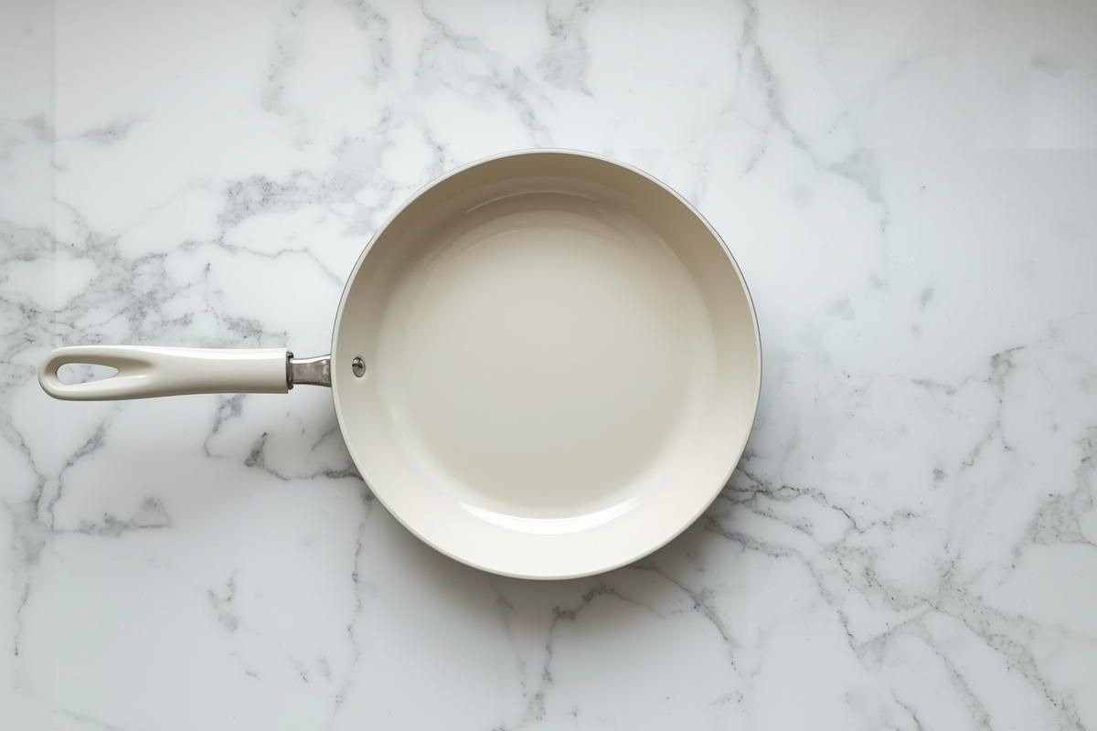 Light-colored ceramic coated nonstick pan on marble surface
