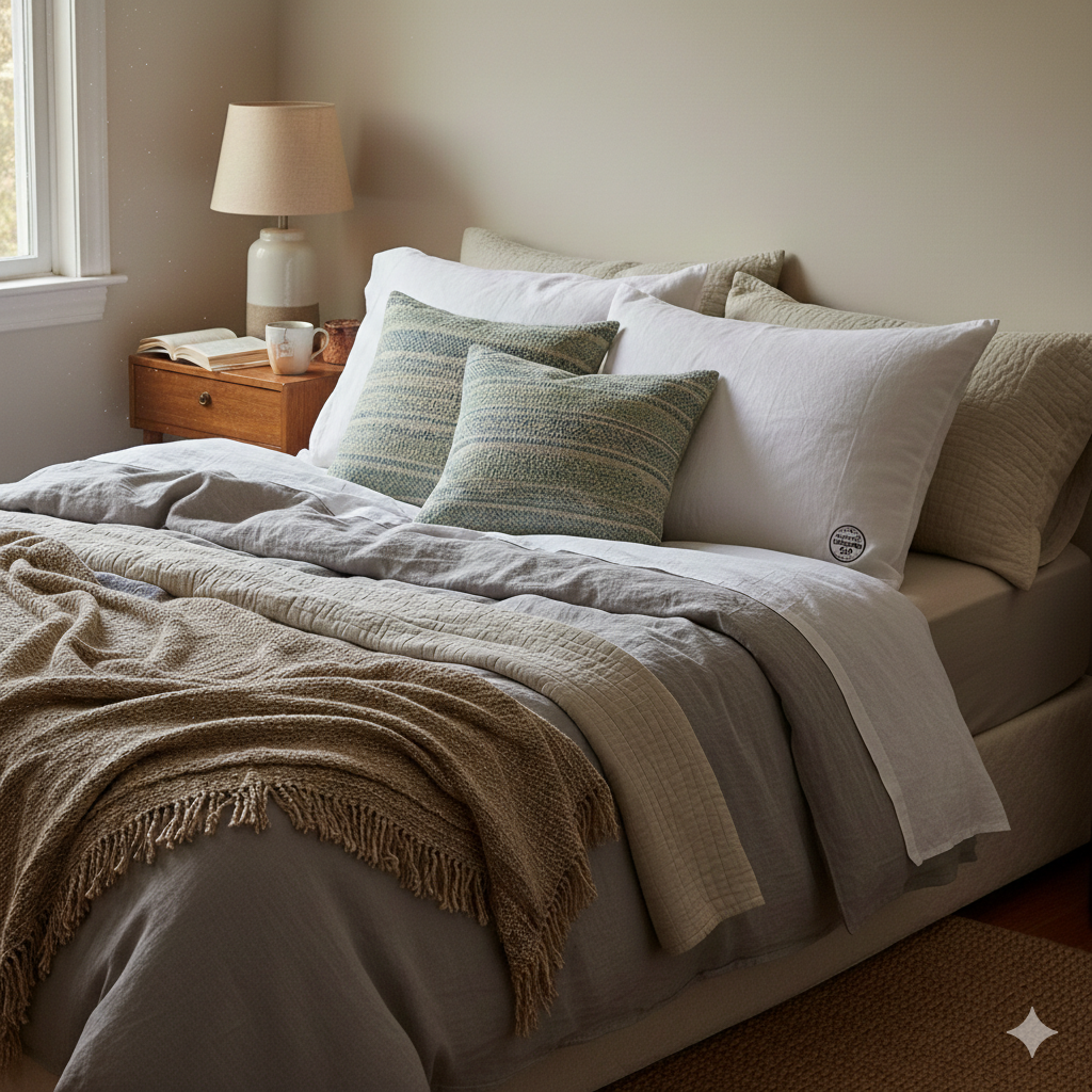 Cozy bed with layered non-toxic pillows, neutral linen bedding, and a wooden nightstand.
