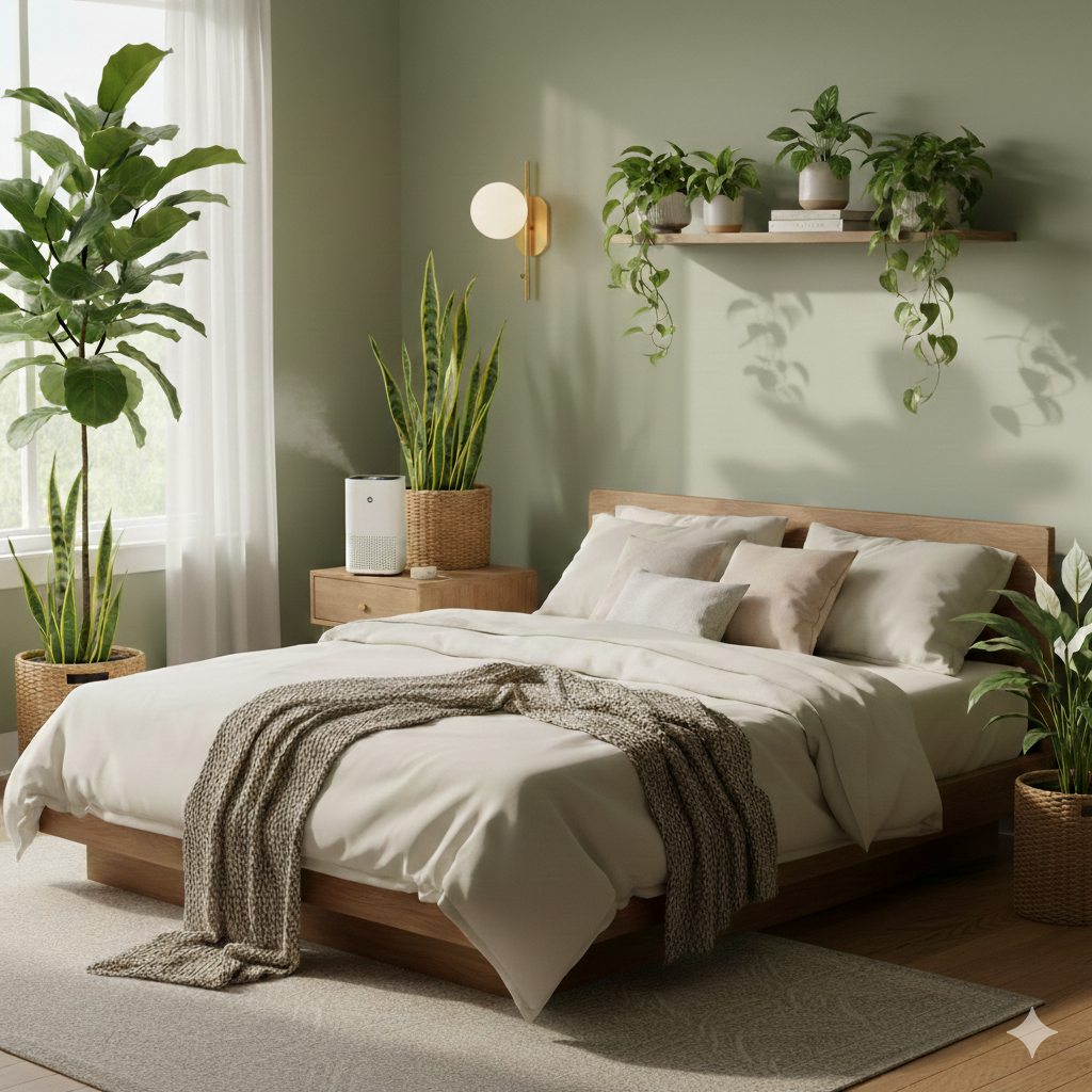 Cozy bedroom with organic bedding and air-purifying plants.