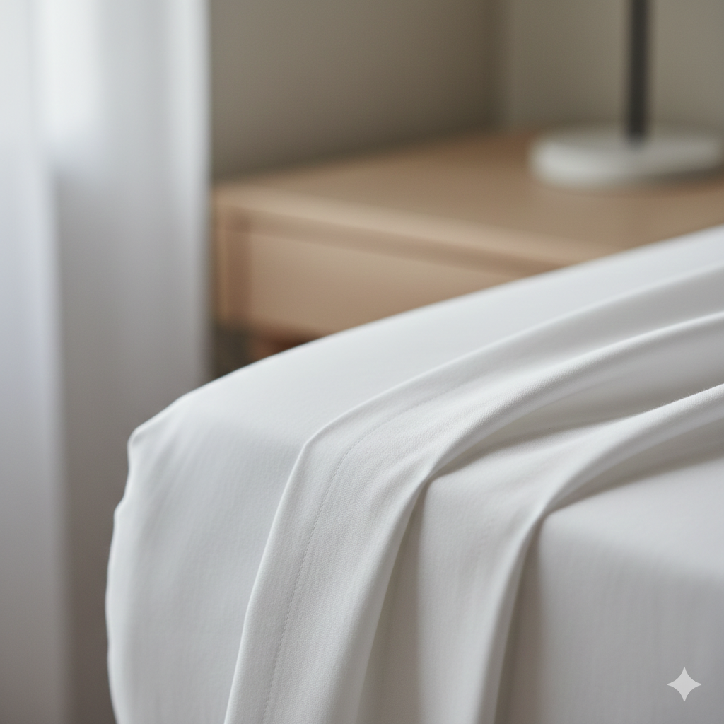 Crisp white organic cotton sheets texture close-up