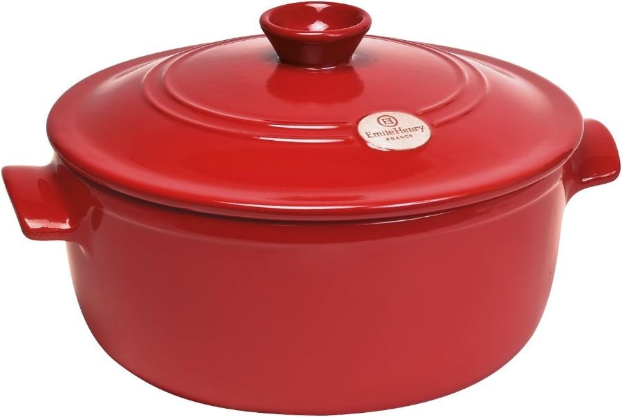 Emile Henry Flame Round Stewpot Dutch Oven, solid Burgundy clay ceramic, no lead or cadmium, Prop 65 compliant