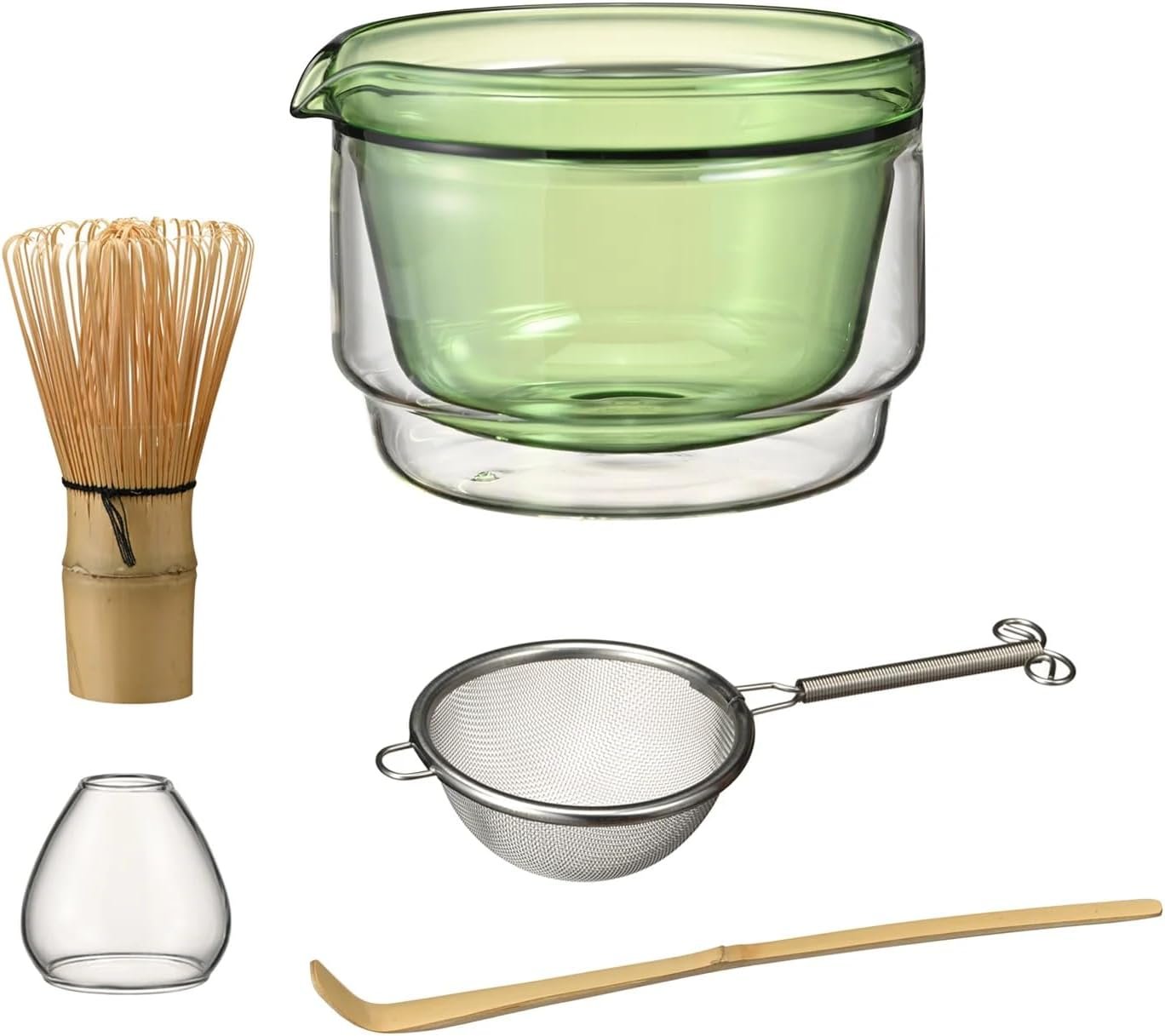 Hario matcha tea set with double-walled glass bowl, chasen bamboo whisk, whisk stand, chashaku scoop and tea sifter, made in Japan