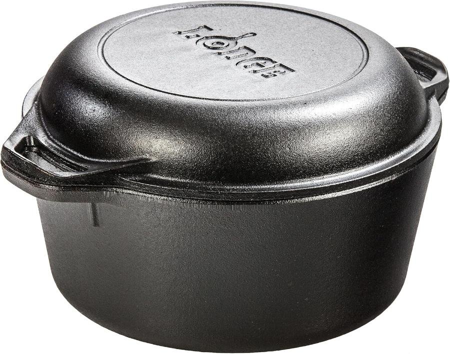 Lodge 5-Quart Cast Iron Double Dutch Oven pre-seasoned, bare cast iron, no synthetic coating, made in USA