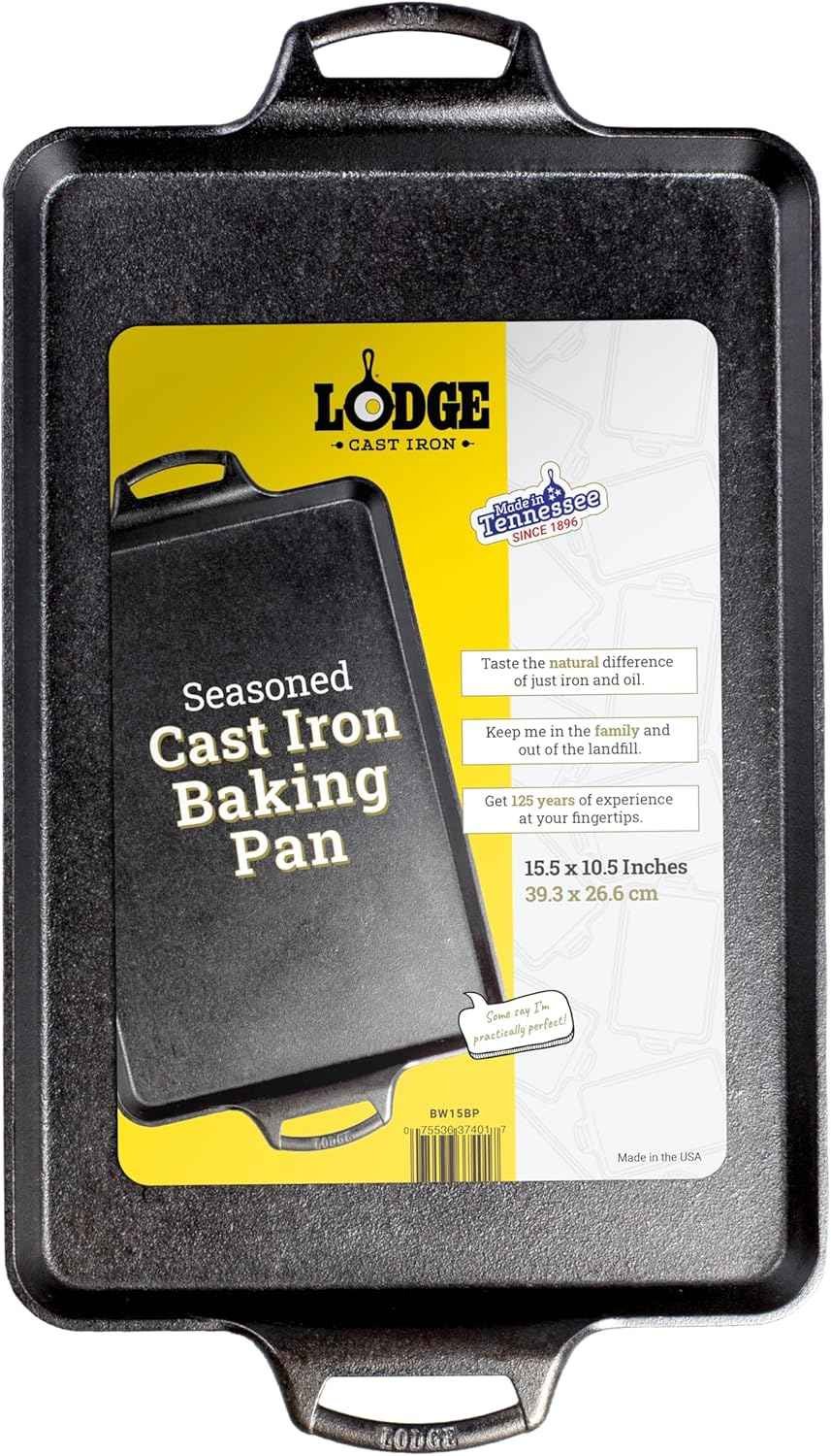 Lodge seasoned cast iron baking pan 15.5 x 10.5 inches, pre-seasoned rectangular oven pan with dual handles