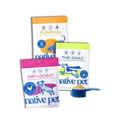 The Native Pet supplement stack featuring The Daily, Hip + Joint, and Pumpkin Powder