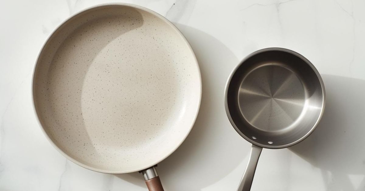 Ceramic coated pan and stainless steel pot on kitchen counter — is ceramic cookware actually safe