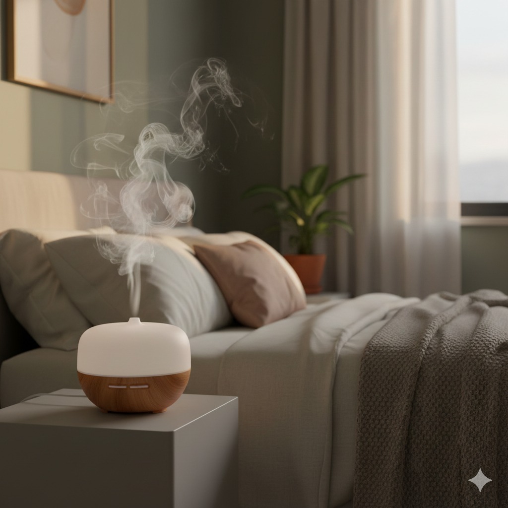 Modern wood-base essential oil diffuser emitting mist on a nightstand in a cozy bedroom.