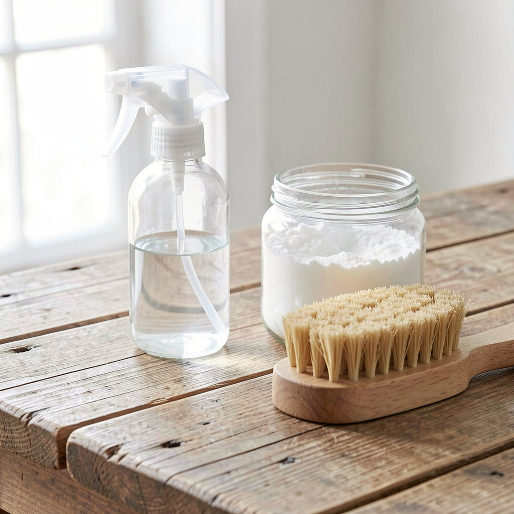 Glass spray bottle with distilled white vinegar on a wooden surface, natural DIY cleaning solution.