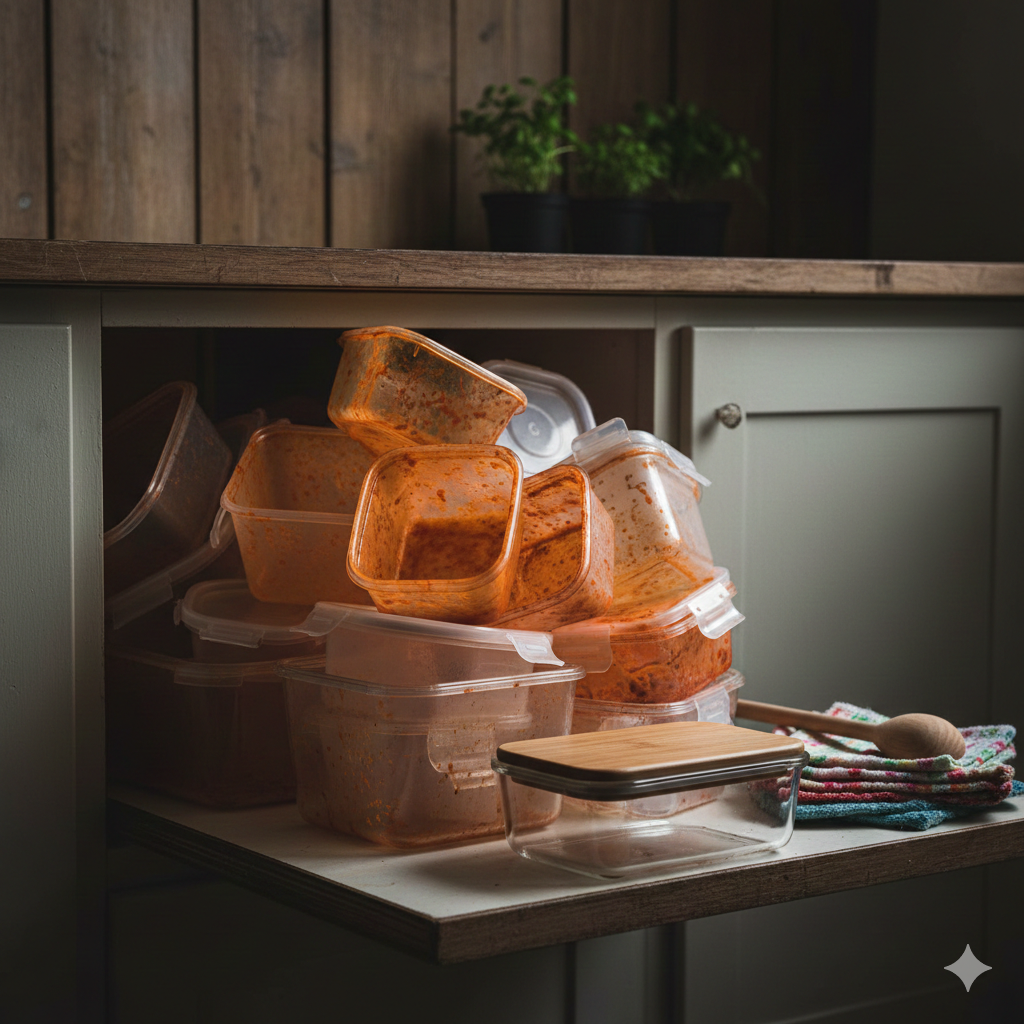 Kitchen cabinet with old plastic containers beside glass jars and wood utensils — non-toxic kitchen swaps on a budget