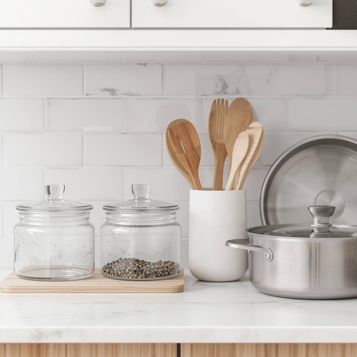 Non-toxic kitchen swaps for 2026 — clean organized kitchen counter with glass containers and stainless steel cookware