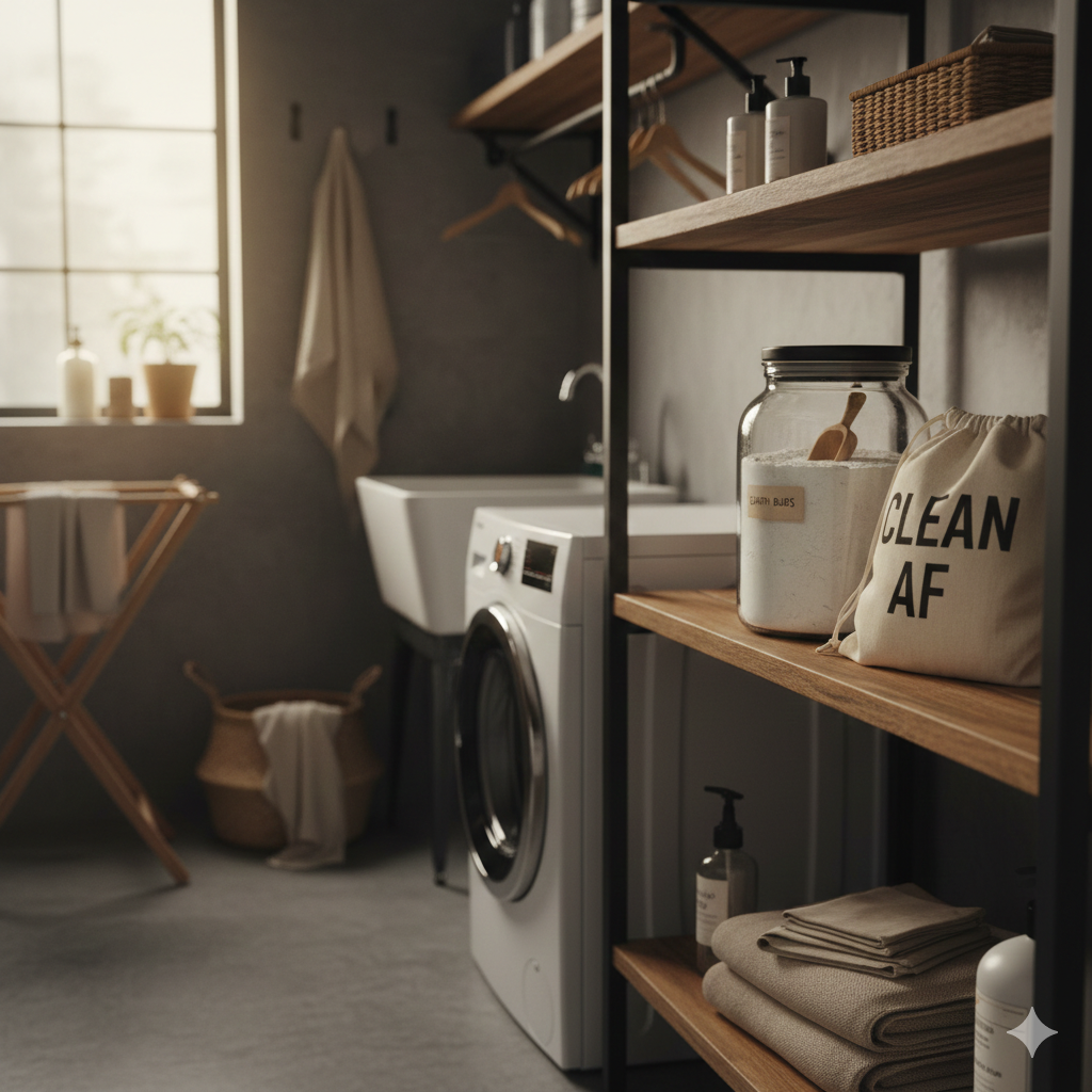 Eco-friendly non-toxic laundry detergent on a clean laundry room shelf.