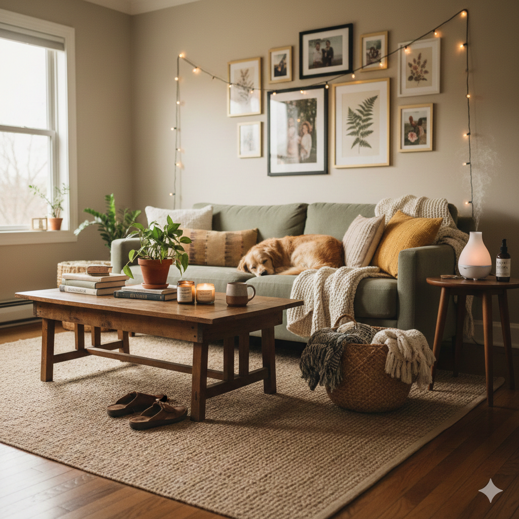 Cozy non-toxic living room with natural candles, clean products, and sustainable home swaps.