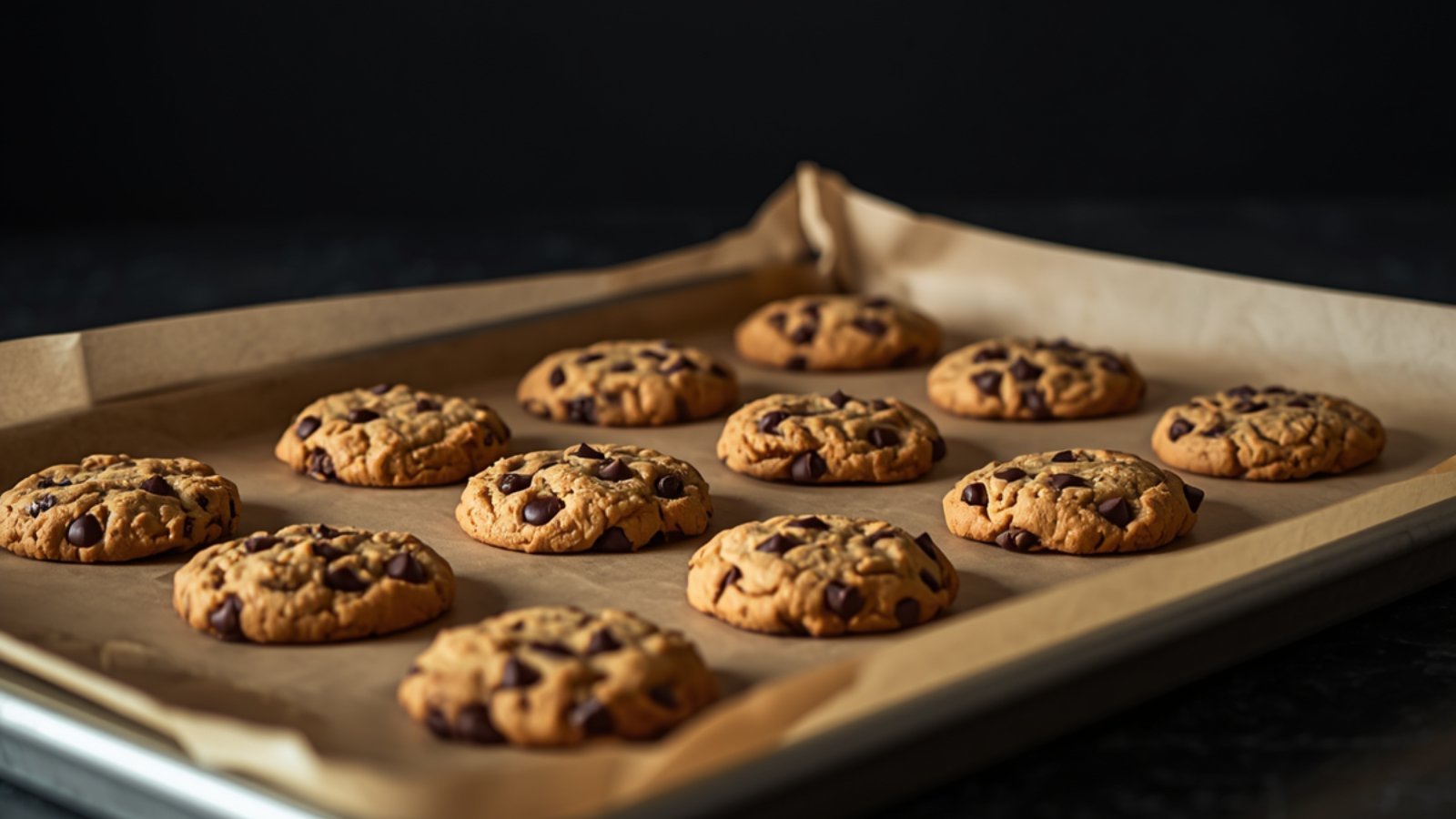Chocolate chip cookies on a stainless steel baking sheet lined with unbleached parchment paper