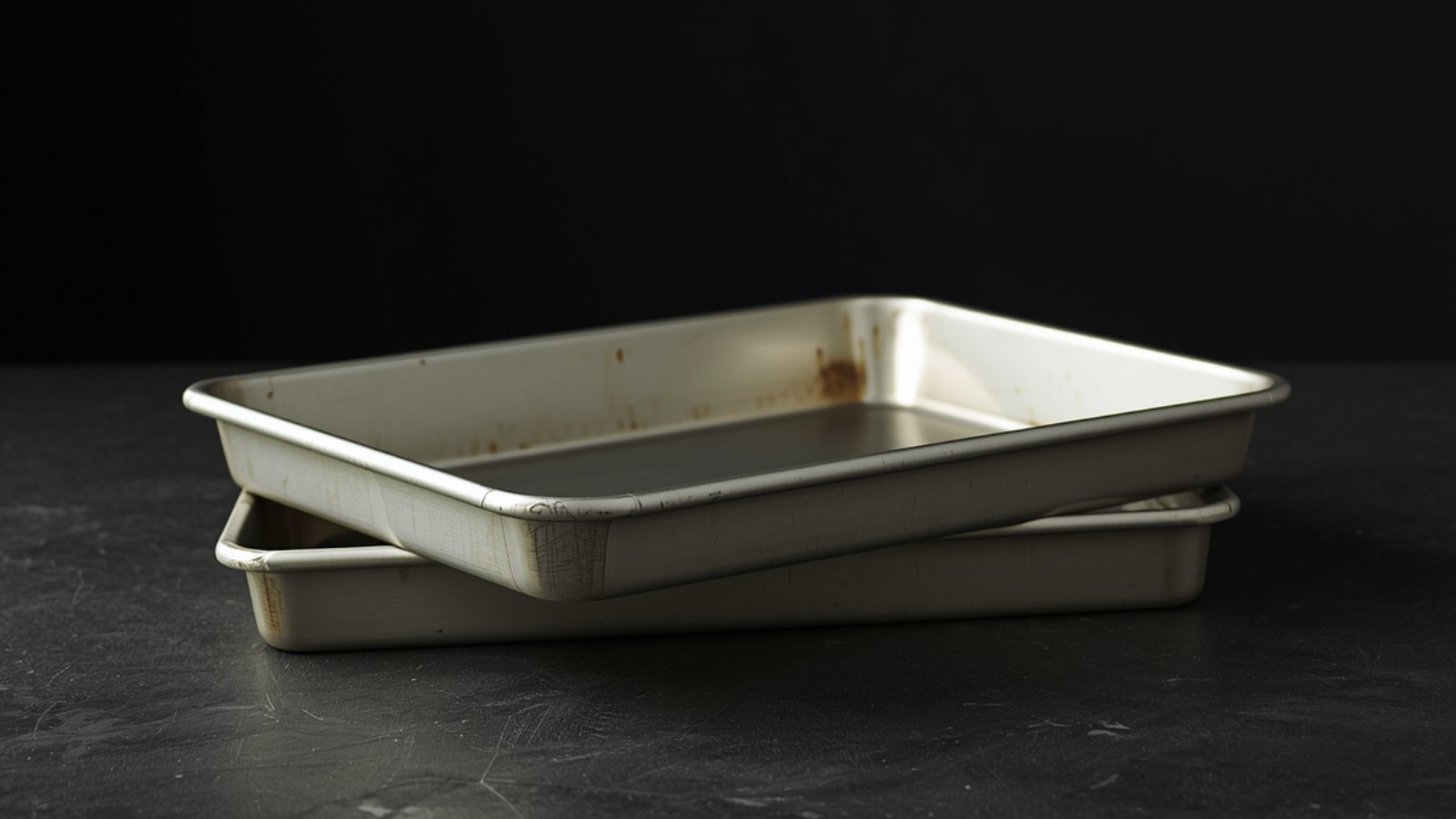 Stainless steel half-sheet baking pans on a dark slate surface — non-toxic bakeware alternative to nonstick