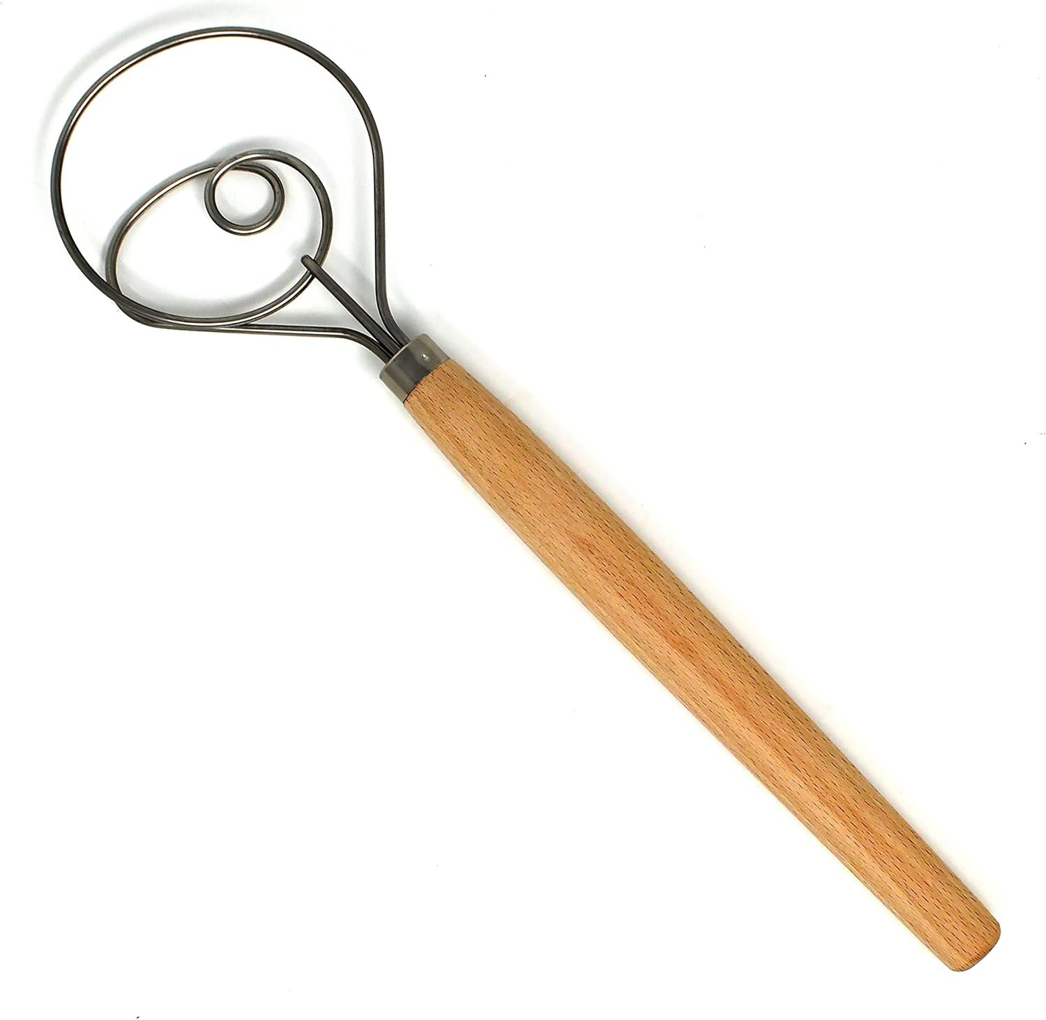Norpro Scandinavian dough whisk 12-inch, stainless steel loop with wood handle, sourdough bread mixing tool