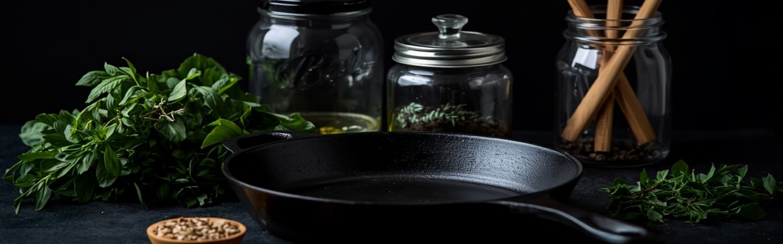 Non-toxic kitchen essentials including cast iron skillet, glass jars, and wooden utensils — Clean AF Life
