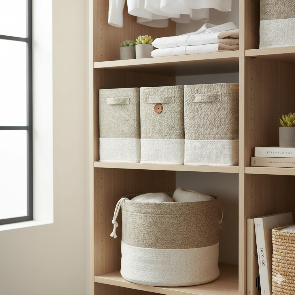Natural cotton rope storage baskets on an organized closet shelf.