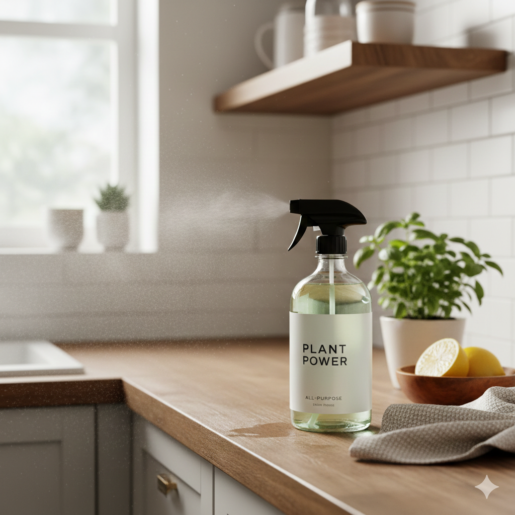 Plant-based all-purpose cleaner spray bottle on a kitchen counter.