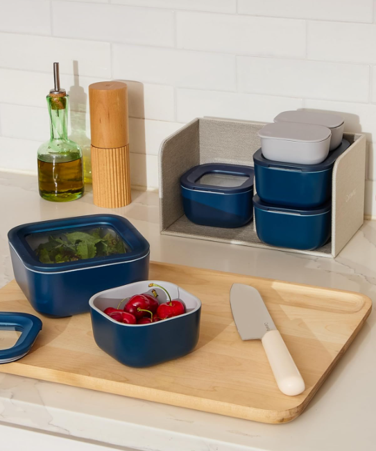 Glass food storage containers organized in a refrigerator — BPA-free non-toxic food storage