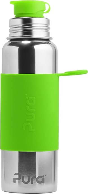 Pura Sport 28oz stainless steel water bottle with medical-grade silicone sport flip cap and sleeve plastic-free MADE SAFE certified