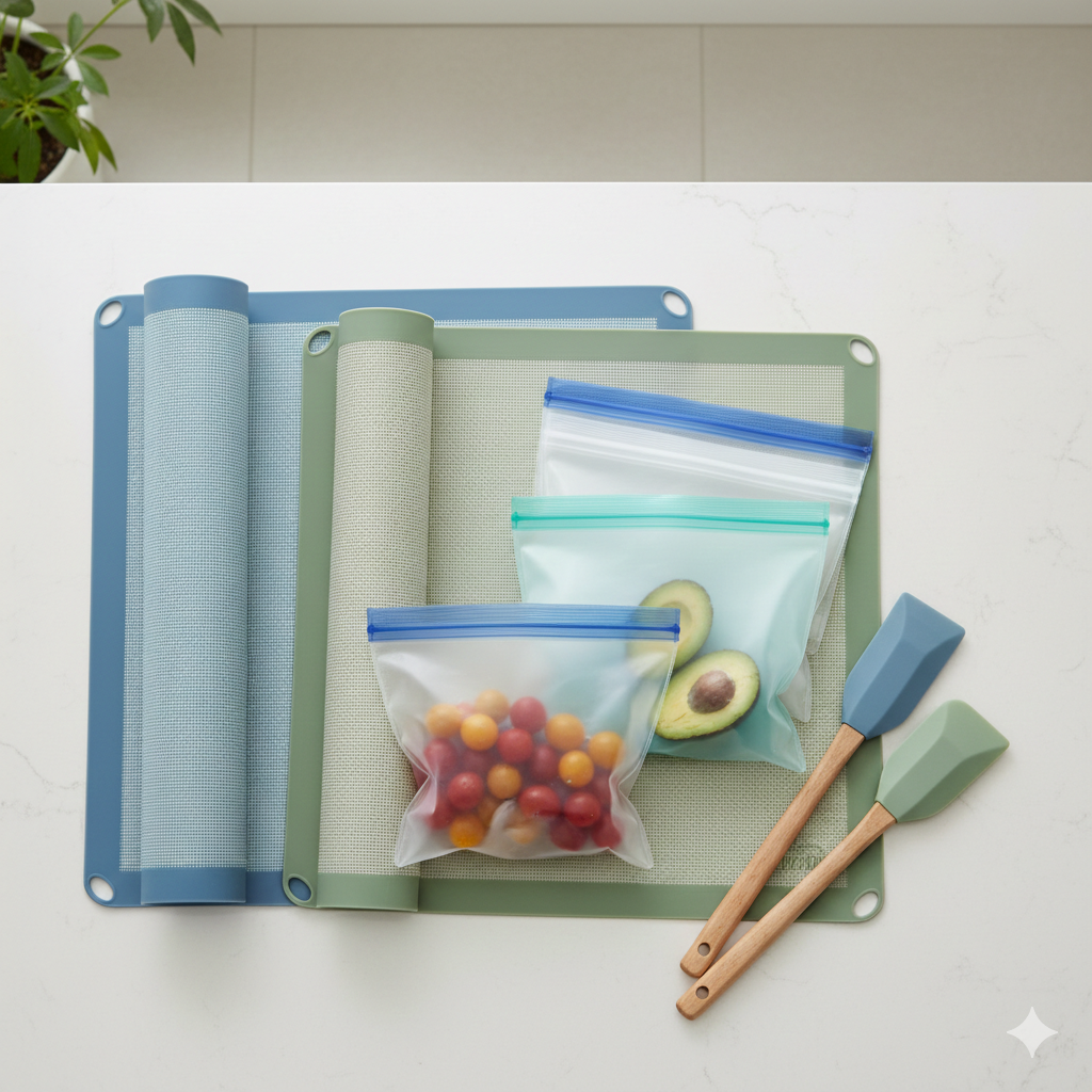 Non-toxic silicone baking mats and reusable BPA-free food storage bags for safer kitchen storage.